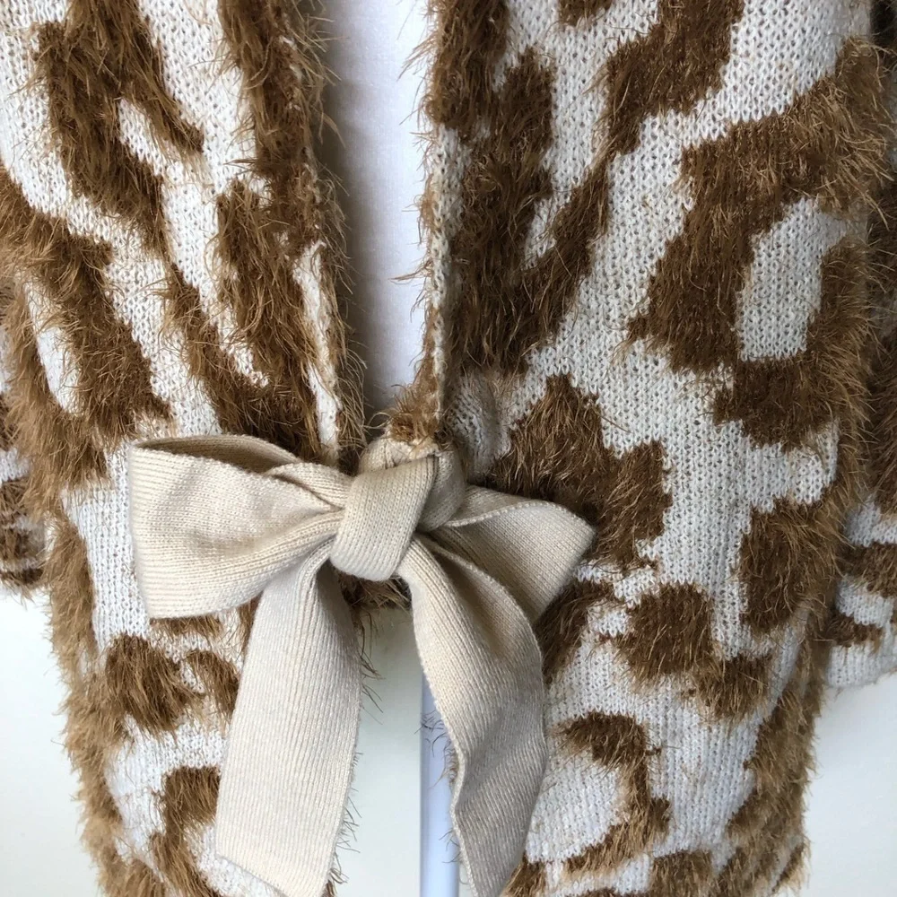 UNIQ Mocha Leopard Print Long Fluffy Textured Cardigan‎ S/M Cozy Lounge Wear
